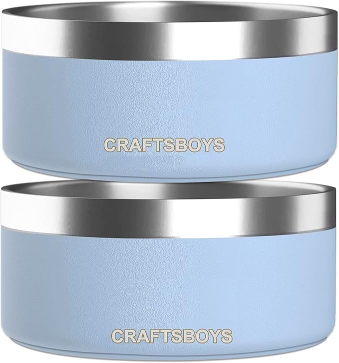 Dog Bowl, Dog Food Water Bowl with Non-Slip Rubber Base, Stainless Steel, Double Wall Small Medium Large Dogs, 32oz, Pack of 2 (Light Blue)