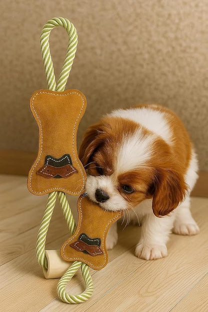 Natural Suede Leather and Rope Chew Toy with Bone Design for Medium and Large Dogs | Durable Interactive Play Toy | Great for Fetch, Tug and Daily Chewing Fun