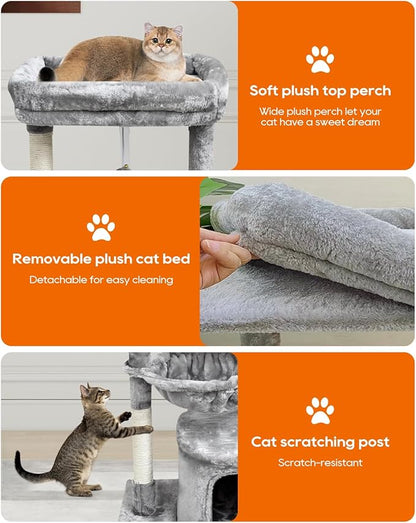 SYANDLVY Small Cat Tree for Indoor Cats, Activity Cat Tower with Scratching Post for Kittens, Modern Cat Furniture with Basket & Hanging Ball for Play Rest, Grey