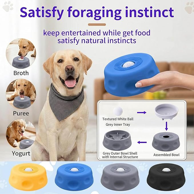 Lick Ball for Dogs - Slow Feeder Dog Bowls with Lick Ball, Anxiety Relief Licking Toy, Non-Slip Dog Lick Bowl Treat Dispenser for Dogs & Cats - Blue