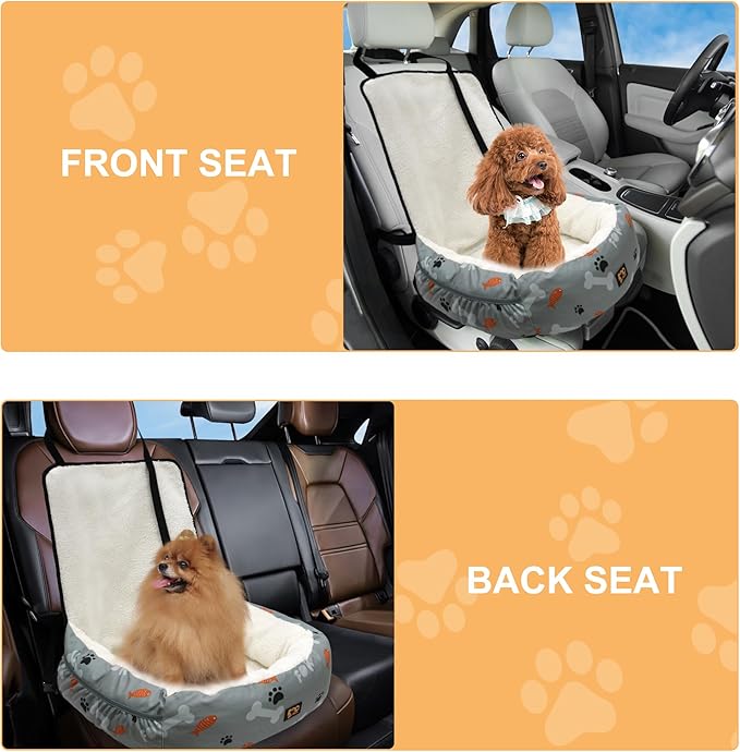 Dog Car Seat for Small Medium Dogs Under 30 lbs, Fully Detachable and Washable Cat Booster Car Seats for Front & Black Seat with Safety Leash Belt (Bone, M)