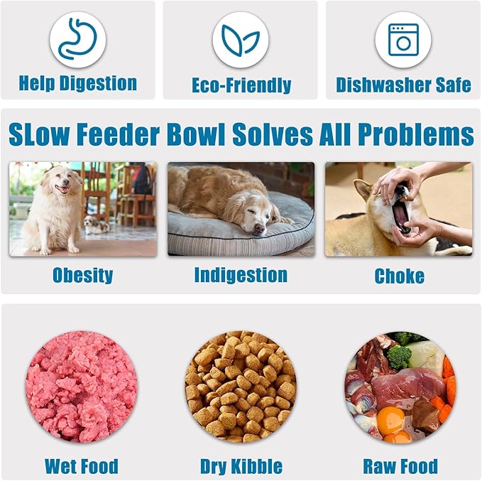 Slow Feeder Dog Bowls Large Breed, Dog Food Bowl Large Anti-Choking Bloat Stop Puzzle Healthy Eating Bowl (Blue, 4 Cup)