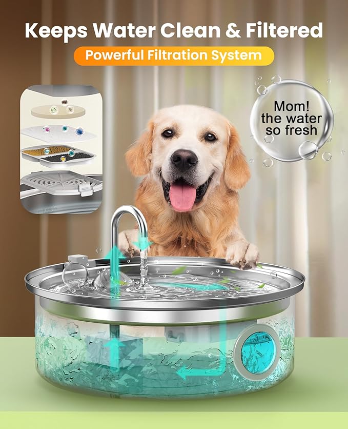 Oneisall Pet Water Fountain with 8Set Filters, 7L/230oz Quiet Dog Water Dispenser, Stainless Steel Dog Fountain with Visual Water Level&4-Layer Filtration for Large Dogs