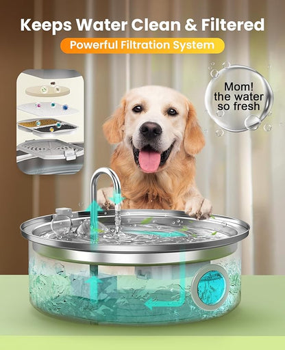 Oneisall Pet Water Fountain with 8Set Filters, 7L/230oz Quiet Dog Water Dispenser, Stainless Steel Dog Fountain with Visual Water Level&4-Layer Filtration for Large Dogs