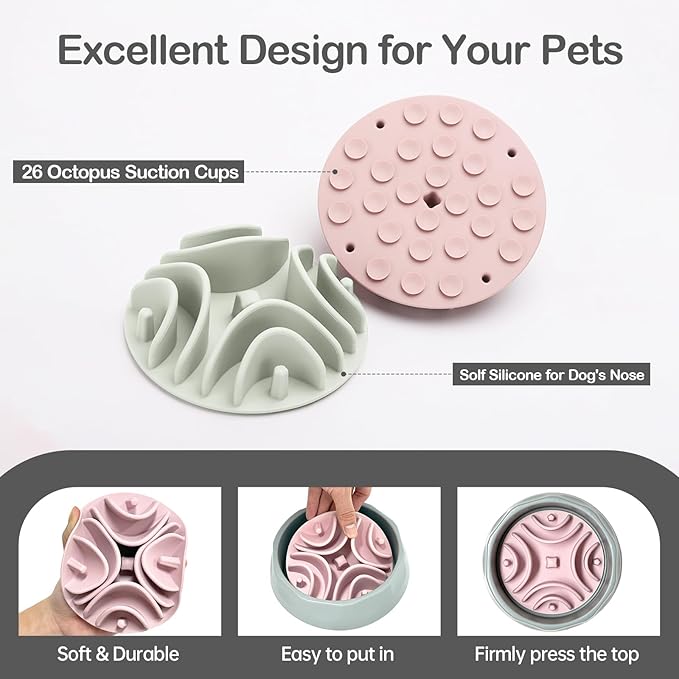 2 Pcs Slow Feeder Insert for Dog Bowl, Anti-Choking Silicone with Strong Suction Cups, Fits Most Dog Bowls, Ideal for Medium, Large Breeds (Green+Pink)
