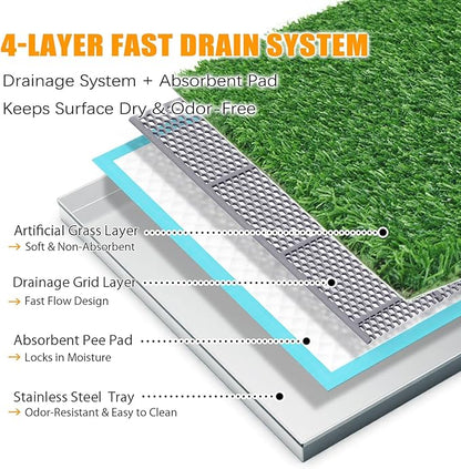 Upgrade Stainless Steel Dog Grass Pad with Tray, 34"x 23.6"Potty Training System for Dogs, 4-Layer Quick Drainage & Odor Control, Heavy Duty Indoor Outdoor Grass Turf for Balcony, Porch, Home Use
