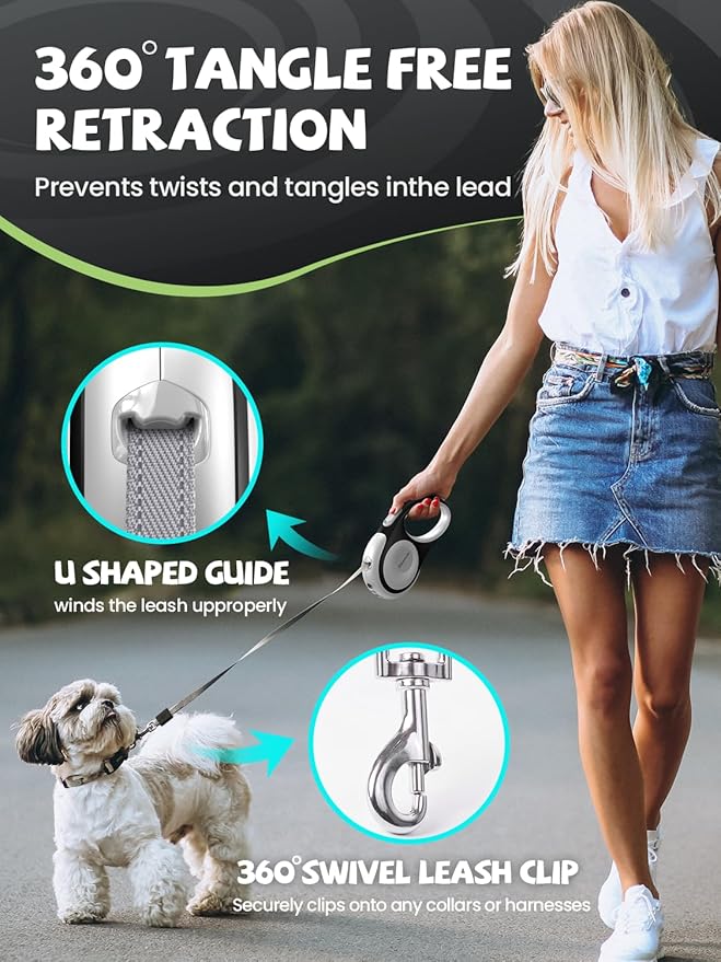 Retractable Dog Leash with LED Flashlight, Douexio Upgrade 3 in 1 Dog Leash Retractable for Small Medium Dogs Up to 66 lbs, 16ft, Anti-Slip Handle,One-Handed Brake (White)