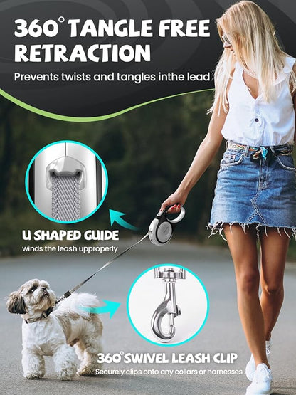Retractable Dog Leash with LED Flashlight, Douexio Upgrade 3 in 1 Dog Leash Retractable for Small Medium Dogs Up to 66 lbs, 16ft, Anti-Slip Handle,One-Handed Brake (White)