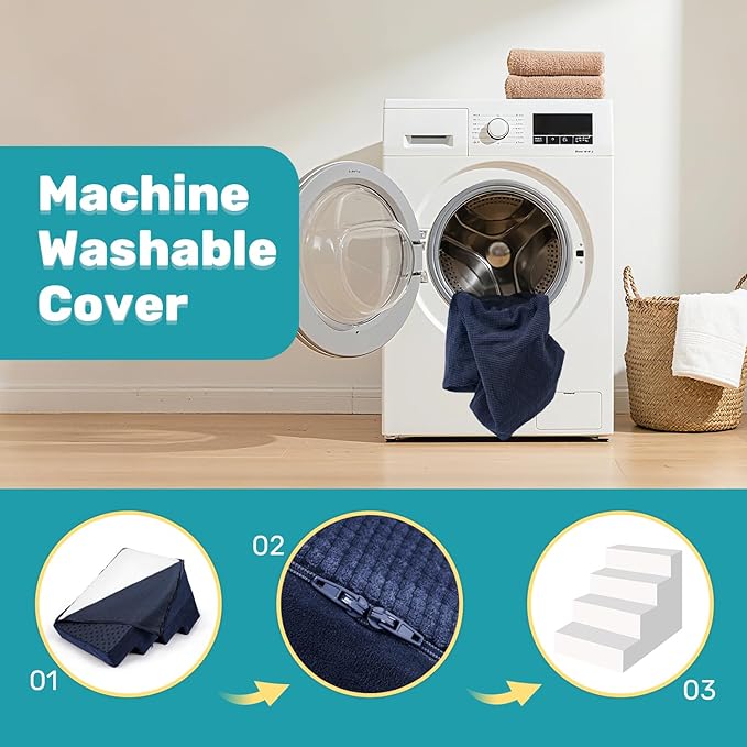 Dog Stairs for Bed, Extra Wide 5-Step Dog Steps for High Bed, High-Density Foam Pet Stairs with Non-Slip Removable Washable Cover for Small Pets, 23" H, Navy