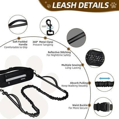 Hands Free Dog Leash with Zipper Pouch, Dual Padded Handle Waist Belt, Retractable Bungee Leash with Reflective Stictches for Small & Medium Dog Running Walking Jogging Training, Black