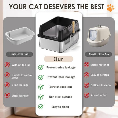 Stainless Steel Litter Box with Lid: Metal Cat Litter Box for Small Cats with Scoop, High Sided Kitty Litter Pan Tray, 17.4'' x 13.5'' x 8.5'', Non-Stick, Anti-Leakage, Easy Cleaning (Black)
