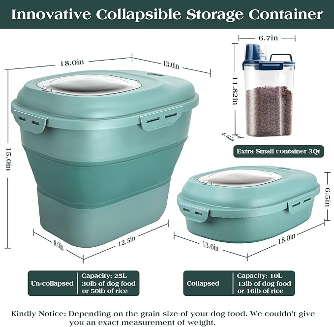 Dog Food Storage Container, Airtight Collapsible 13lb to 30lb Pet Food Container with Flip Top, Rolling Wheel, Scoop and 3L small container for Dog Cat Food and Dry Food of Rice, Flour