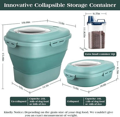 Dog Food Storage Container, Airtight Collapsible 13lb to 30lb Pet Food Container with Flip Top, Rolling Wheel, Scoop and 3L small container for Dog Cat Food and Dry Food of Rice, Flour