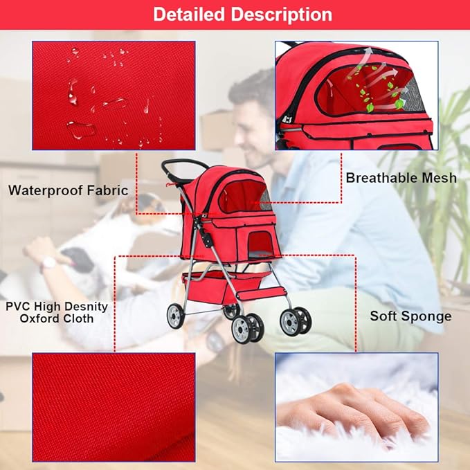 Pet Stroller Pet Carrier Dog Stroller Cat Stroller Folding Lightweight 4 Wheels Jogger Stroller with Storage Basket and Cup Holder