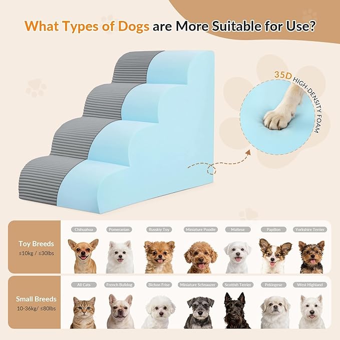 Dog Stairs for Bed Up to 24" H, Extra Height 22.8" 4-Step Pet Steps for Small Dogs and Cats, Non-Slip Sturdy Dog Ramp with Anti-Tip Safety Strap and Washable Cover,Balanced Ramp Indoor Pet Stairs