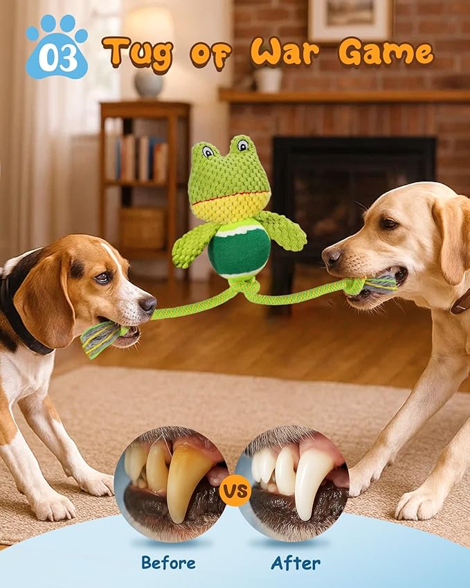 Swooflia Durable Squeaky Dog Toy - Interactive Plush Cute Frog with Rope Legs, Teeth Cleaning Tug Toy for Small Medium and Large Dogs, Puppy Chew Toy for Training and Play