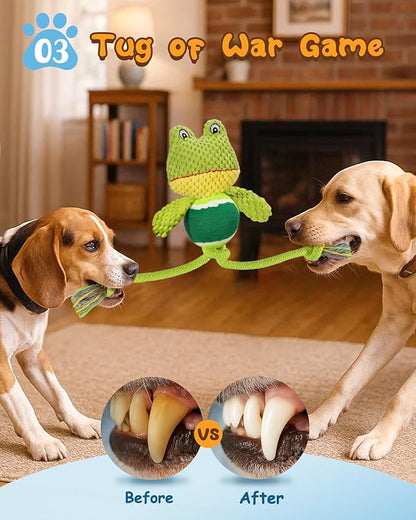 Swooflia Durable Squeaky Dog Toy - Interactive Plush Cute Frog with Rope Legs, Teeth Cleaning Tug Toy for Small Medium and Large Dogs, Puppy Chew Toy for Training and Play