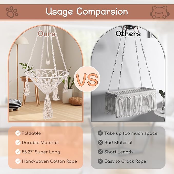 VINGVO Macrame Cat Hammock Bed, 58.27" Handwoven Pet Hanging Swing Bed with Hook for Wall, Foldable Kitten Window Perch for Indoor Outdoor Sports Playing Sleeping Climbing Lounging