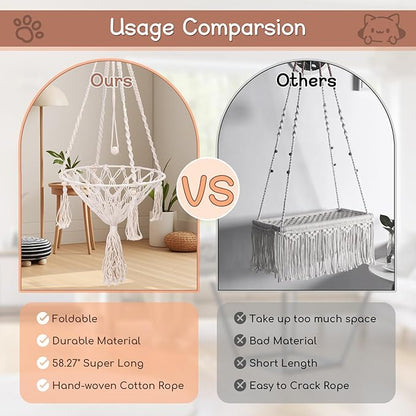 VINGVO Macrame Cat Hammock Bed, 58.27" Handwoven Pet Hanging Swing Bed with Hook for Wall, Foldable Kitten Window Perch for Indoor Outdoor Sports Playing Sleeping Climbing Lounging