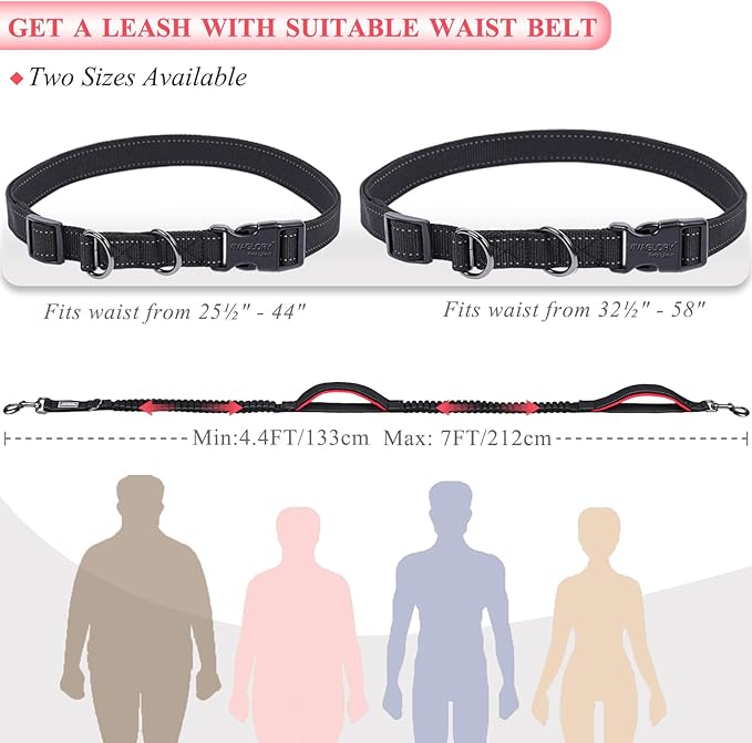 VIVAGLORY Hands Free Dog Leash Bungeetwin Running Dog Leash with Waist Belt for Running Walking & Jogging, Bungee & Around Waist for Pet, M, Black/Red