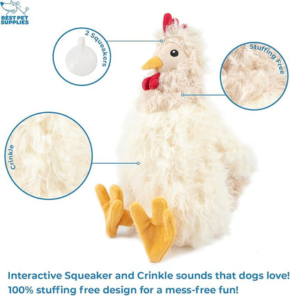 Best Pet Supplies Interactive Squeaky Dog Chew Toy, Ideal Dog Toys for Chewers, Small, Medium & Large Dogs, and Fetch Lovers - Crinkle Chicken (Beige), Large