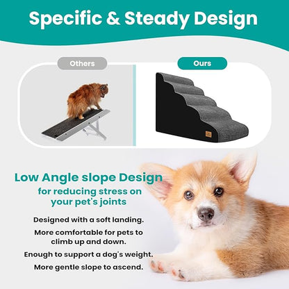 Dog Srairs for Small Medium Dogs, 5-Step Pet Stairs for High Beds and Couch, Foam Dog Ramp with Durable Non-Slip Waterproof Fabric Cover, Grey Pet Stairs for Pets Joints