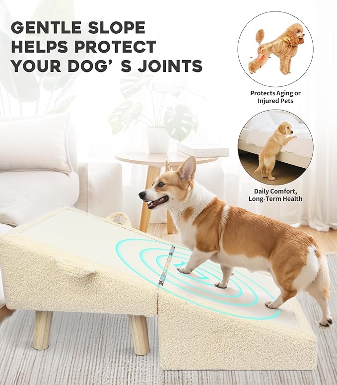 Dog Stairs for Small Dogs and Cats – 2-in-1 Dog Ramp for Couch and Low Bed, 16.5'' Foldable Wooden Pet Ramp, Sturdy Multi-Use Split Ottoman Design, Beige
