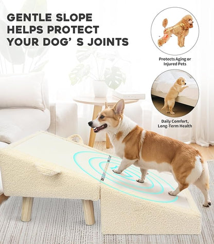 Dog Stairs for Small Dogs and Cats – 2-in-1 Dog Ramp for Couch and Low Bed, 16.5'' Foldable Wooden Pet Ramp, Sturdy Multi-Use Split Ottoman Design, Beige