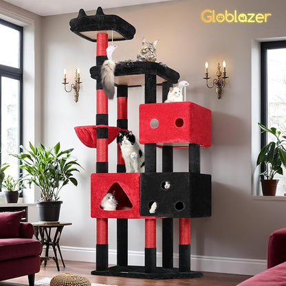 Globlazer Extra Large Gothic Cat Tower, 81-inch Tall Goth Cat Tree for Big Cats 20 lbs, XXL Heavy Duty Cat Scratching Tower for Indoor Adult Cats with 3 Cat Condos, 8 Scratching Posts, F81, Red Black