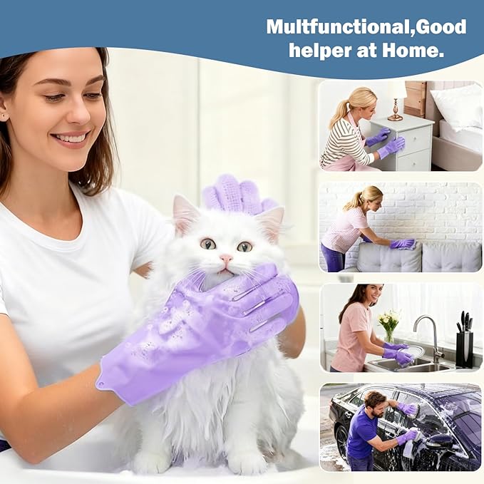 Pet Grooming Gloves, bite-Resistant pet Bathing Gloves with Non-Slip Particles, Suitable for Wet and Dry use, for All Ages. Ideal as a Grooming Brush Glove for Dogs and Cats. Purple 1 Pak.