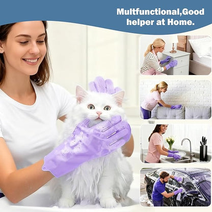 Pet Grooming Gloves, bite-Resistant pet Bathing Gloves with Non-Slip Particles, Suitable for Wet and Dry use, for All Ages. Ideal as a Grooming Brush Glove for Dogs and Cats. Purple 1 Pak.