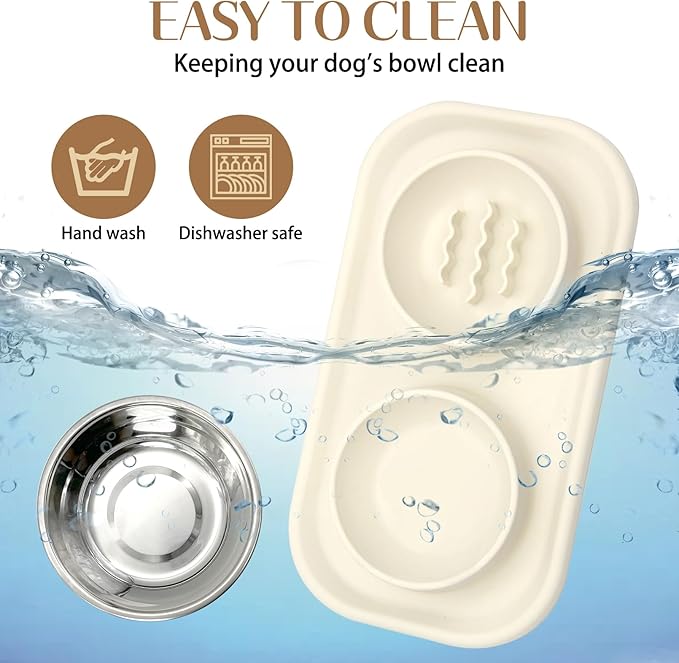 BNOSDM Slow Feeder Dog Cat Bowls, Stainless Steel with Silicone Mat Dog Food and Water Bowls Set, Pet Feeding Dish to Slow Down Eating for Cats and Small Dogs Puppy, Grey