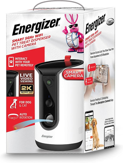 Energizer Smart Pet Treater with 2K Video Camera, 2-Way Audio, Night Vision, 5 Ghz & 2.4 Ghz Dual Band Wi-Fi, Motion Tracking, Recorded Messages, Dogs & Cats Remote Feeding, Cloud/MicroSD Card Storage