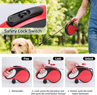 Segarty 26 Ft Walking Lead with Poop Bag Holder for Pet 66 lbs - 110 lbs, 8m Heavy-Duty Retractable Long Leash 360°Tangle-Free with Anti-Slip Handle, One-Handed Brake Pause Lock for Medium Large Dogs