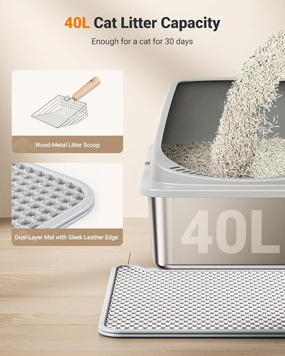Stainless Steel Cat Litter Box with Scoop, Metal Litter Box High Sided, Cat Litter Box Enclosure, XL Extra Large High-Sided Litter Boxs (Anti-Urine Leakage, Include Scoop) (Grey)