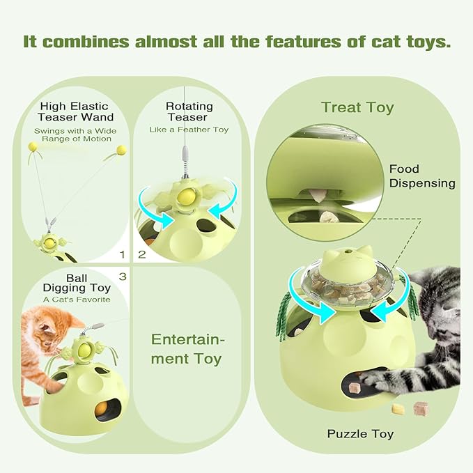 Cat Toy, 4-in-1 Cat Interactive Toys for Indoor Cats, Hide and Seek Cats Toys, Spinning Toy and Kitty Food Dispenser Feeder Treat Dispensing Feeding Toy (Green)