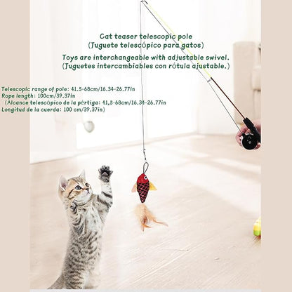 KAYNO Retractable Teaser cat Stick, Extra Long Fish & Feather Decorative cat Fishing Pole Shape Teaser cat Stick, cat Feather Interactive Toys, Toys are Replaceable, Adjustable line Length. (Salmon)