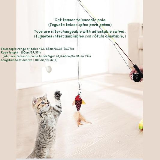KAYNO Retractable Teaser cat Stick, Extra Long Fish & Feather Decorative cat Fishing Pole Shape Teaser cat Stick, cat Feather Interactive Toys, Toys are Replaceable, Adjustable line Length. (Salmon)
