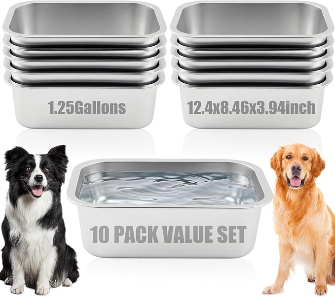 LemonRoad 10 Pcs Large Stainless Steel Metal Dogs Bowls Bulk 1.25 Gallons Capacity Pet Food Dish Rust Resistant for Medium, Larges, X-Large Dogs Pets Indoor and Outdoor Use