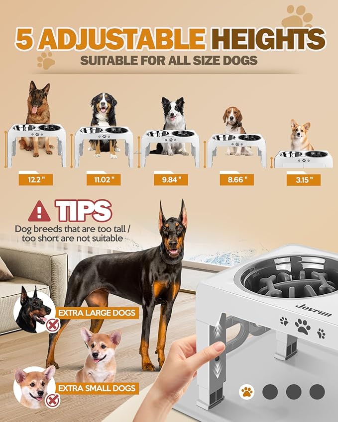 Elevated Dog Bowls for Medium Size Dogs with Mat, Non-Slip Dog Feeder with 1*Stainless Steel Dishes & 1*Slow Feeder Bowl, 5 Heights Adjustable Raised Bowls for 3.15″-8.66″-9.84″-11.02″-12.2″