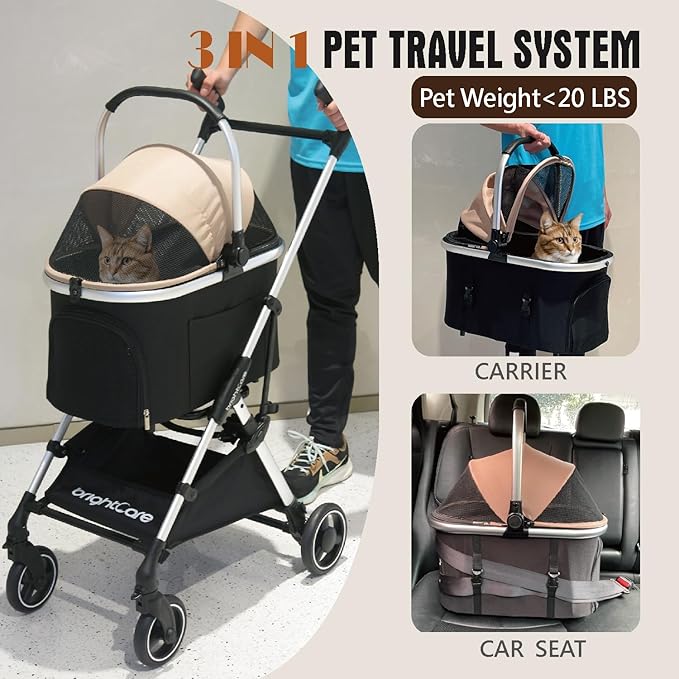 Pet Stroller for Small Dogs & Cats Under 20 lb with Detachable Carrier, Converts to Car Seat, Ultra-Lightweight only 11lb, One Hand Fold