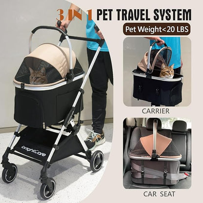 Pet Stroller for Small Dogs & Cats Under 20 lb with Detachable Carrier, Converts to Car Seat, Ultra-Lightweight only 11lb, One Hand Fold