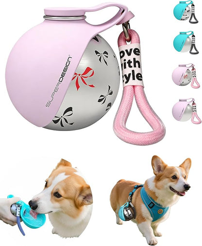 2-in-1 Dog Water Bottle & Bowl: Round Stainless Steel Portable Dog Bottle Water Dispenser for Small Dogs, Walking & Hiking(10oz/285ml) (2-red)