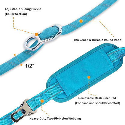 10FT Hands Free Dog Leash for Small Medium Large Dogs, Heavy Duty Reflective Dog Leash with Traffic Handle, Seat Belt Buckle & Poop Bag Holder (Blue)
