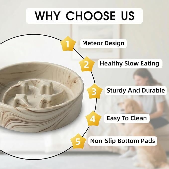Stoneware Slow Feeder Dog Bowls Small Breed, 0.6 Cups Slow Eating Dog Bowl with Marble Pattern Design, Weighted Anti Gulping Food Bowl, Non Slip Puzzle Maze Pet Dishes for Fast Eaters, 6 inch