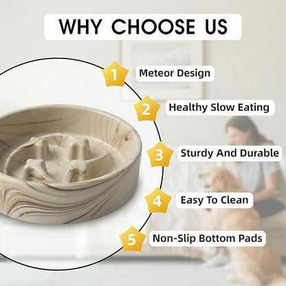 Stoneware Slow Feeder Dog Bowls Small Breed, 0.6 Cups Slow Eating Dog Bowl with Marble Pattern Design, Weighted Anti Gulping Food Bowl, Non Slip Puzzle Maze Pet Dishes for Fast Eaters, 6 inch