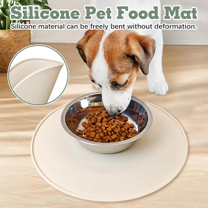 BNOSDM Silicone Cat Feeding Mat 2 Pack Dog Bowl Mats Pet Silicone Food Mat for Food and Water Nonslip Waterproof Feed Mats Round Eating Plate for Small and Medium Cats and Dogs (Beige)