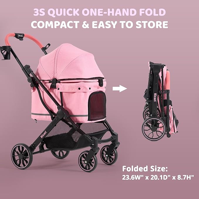 All-Terrain Dog Stroller for Small to Medium Dogs, Pet Stroller for Dogs & Cats Outdoor Walks, One-Hand Easy Fold, Double-Layer Anti-UV & Waterproof Canopy & Breathable Mesh, Sakura Pink