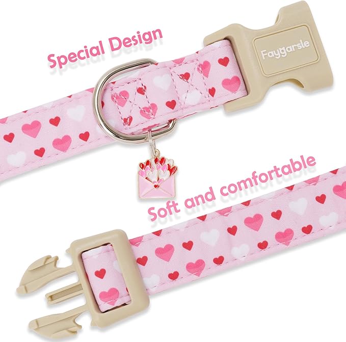 Faygarsle Valentine's Day Dog Collar, Pink with Red and White Hearts Pattern, Adjustable with Quick-Release Buckle and Heart Charm M