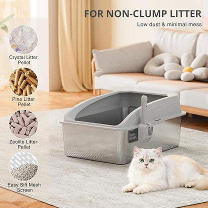 23.6"x15.7"x13.78" Stainless Steel Sifting Litter Box with Lid, XL Sifting Design for Pine Pellets, High Sides Metal Litter Box for Big Cats 7.9in Deep, Easy-to-Clean, Non-Stick